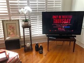 Huge TV, a plant stand with artificial orchids and 2 jugs! What's in those jugs! Come and see! (If it's alcohol, it's free with purchase of jug)