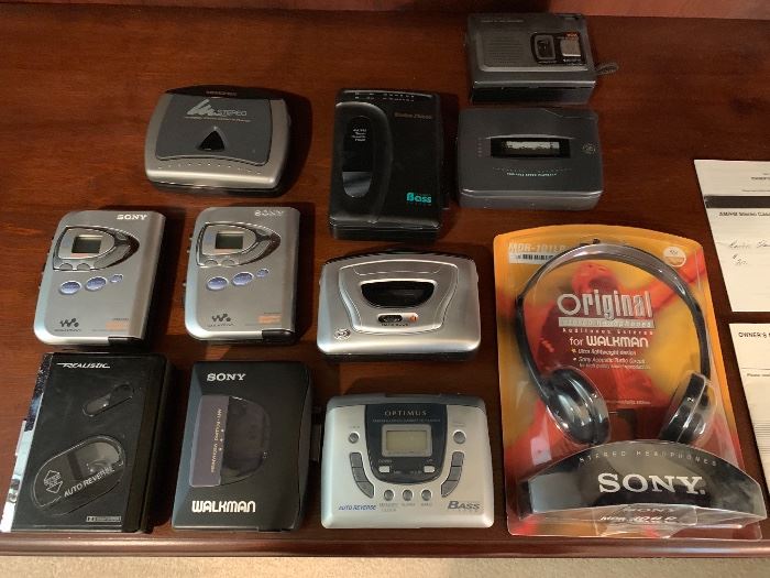 various versions of the Walkman portable cassette radio