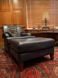 Blue Leather Chair and Ottoman
