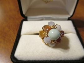 14KT Yellow Gold with Jade Pearl Cut Stones Colors of Jade Green, White, Purple and Caramel