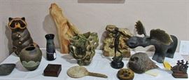 Great Collectibles! Big Sky Carvers Moose and Raccoon; Raku Pottery; Victorian Alligator / Crocodile Hand Mirror; Cast Iron Galleon Door Stop; Cypress Knee and more!