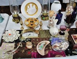 Bohemian Green Glass / Gold Gilt / Enamel Lidded Bowl; Stiffel  Hurricane Lamps; Howard Miller Westminster Chime Mantle Clock and more!