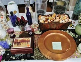 12 Copper Charger Plates (never used); beautiful conch shell display; vintage bottles and More!