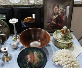 Another desirable framed L.A. Huffman print; large Walnut bowl; more Bob Anderson unique pottery; and beautiful coral decoration.