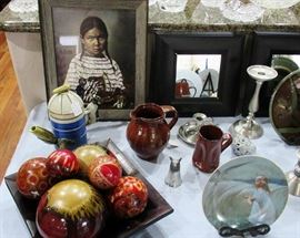 Framed L.A. Huffman print; unique pottery by Bob Anderson of Pella, IA; beautiful Pewter pieces & more.  