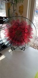 Large glass flower plate with metal display holder