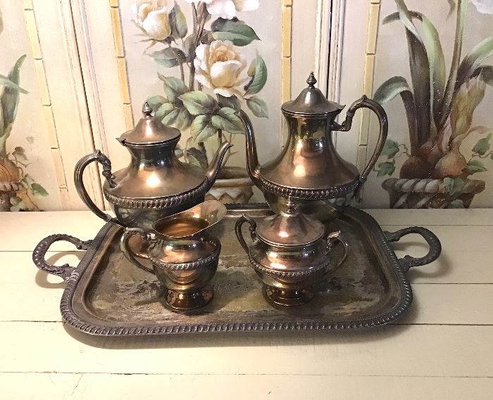 Silver on Copper 5 piece Coffee -Tea Set w/Tray
