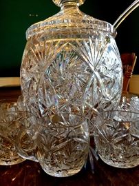 Now...Here's The Star For You...A Stunning Cazlor Lead Crystal Punch Bowl...With The Lid, Ladle, and 12 Cups...