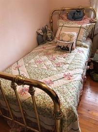 Amazing True Brass Bed - twin size.  Twin Size custom made coverlet, dust ruffle and shams