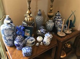 Wonderful Baldwin, Chinoiserie Blue and White Ceramic Vases, Vessels, Ginger Jars and Teapot from Thialand