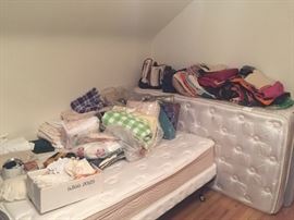 Queen bed frame and mattresses, women's purses, sheets, blankets, linens and lace...all in clean beautiful condition!