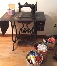 Antique White Treadle Sewing Machine Walnut Victorian Cabinet with Bonnet Top