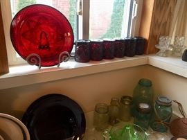 Ruby Red full size depression glass plates and coffee mugs, marked "France"