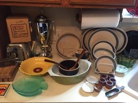 Universal Electric Percolator Coffee Pot Urn with Creamer and Sugar Bowl, new in the box! Mikasa stoneware dishes in Blue Thunder Discovery