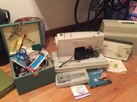 Sears Kenmore sewing machine, monogrammer / several sets of Singer sewing scissors and many other sewing supplies and thread!