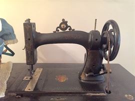 Antique White Treadle Sewing Machine Walnut Victorian Cabinet with Bonnet Top