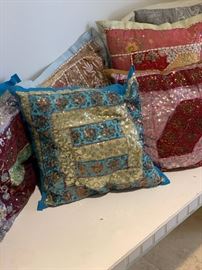 Colorful pillows made from Sari's in India
