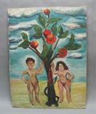 Folk art painting by WPA artist Michael Chomyk depicting Adam and Eve hanging out at the tree of knowledge with the serpent.