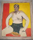 Great mid-Century painting on 46" x 38" canvas by WPA St. Louis artist Michael Chomyk.  Untitled; known as The Wrestler.