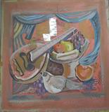 Folk art still life of partridge and guitar on board by St. Louis WPA artist Michael Chomyk.  30" x 32".  Crack in top of board, approx. 6" long.