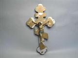Crucifix, polychrome on metal Christ nailed to gold and silvered cherry? cross.