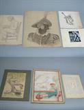 Pencil and ink drawings, some hand colored, by St. Louis WPA artist Ethel Clarke, later wife of Michael Chomyk and 1/2 of the 1940-50s mural painting company Chomyk-Clarke, Clayton, MO
