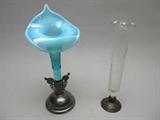 Jack in the Pulpit vase in Eastlake silverplate base.  Etched glass bud vase in sterling base.