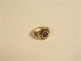 Center ruby and 2 diamonds in 10K gold ring, relief carved AFLIC, and engraved LEV on interior of band