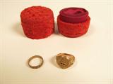 Antique gold child's ring and 10K gold medical ring (split band) in vintage red mohair ring box.