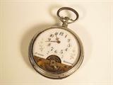 Beautiful Hebdomas 8 Jours pocket watch, with open escapement, slight hairline in milkglass or porcelain face, some rust on case and missing stem