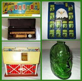 1959 Dominoes, Flute, Eagle Lighters in Original Display Card, Fisher Price Family Farm Toy and Wheaton Glass Face Bank 
