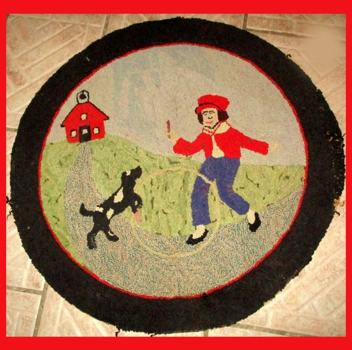 Antique Hand Hooked Rug, Great Detail, a Little Frayed, Still Wonderful