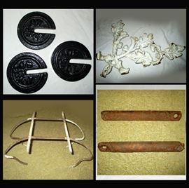 Cast Iron Slotted Interlocking Hanger Weights, Cast Iron Acorn Piece, Old Teeter Totter Base and Antique Window Weights 