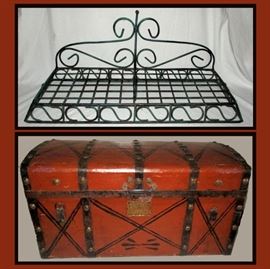 Decorative Metal Shelf and Painted Wooden Chest 