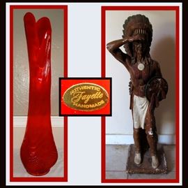 Fayette Red Vase 32 1/2 inches Tall and Concrete Native American Statue 