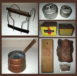 Harmonica Holder, Vintage TR Hall Butter Molds, Copper Pot, Old Goose Brush and Cool Old Wooden Brush