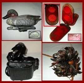 Italian Plastic Duck Decoy, Vintage Emergency Reflector, Horse Planter and Feather Duster 