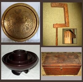 Large Brass Tray or Table Top, Large Antique Clamp, Large Ceramic Insulator and Primitive Wooden Box 