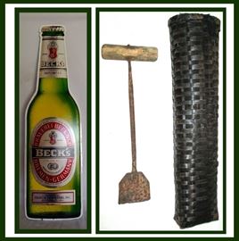 Metal Beck's Beer Sign, Old Tall Basket and Old Tool 