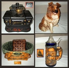 McCoy Stove Cookie Jar, Cute Collie, Longaberger Basket Signed and Dated and Fox Handled Gerz Stein 
