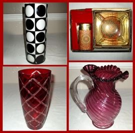 Mid Century Modern Glass Polka Dot Vase, Vintage Ashtray Gift Set in Original Box,  Ruby Cut to Clear Vase and Cranberry Glass Pitcher 