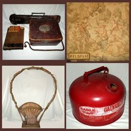 Old Leather Case, Old Leather Lady's Box with Built in Compact on the Lid, Tapestry Marked Belgium, Old Funerary Flower Holder and Old Galvanized Eagle Gas Can 