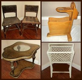 Pair of Small Primitive Wicker Chairs, Magazine Stand with Built in Drink Holder,  One of a Matching Pair of Hollywood Regency Style Tables and Wicker Magazine Rack 
