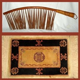 Primitive Brush and Small Rug with Asian Design 