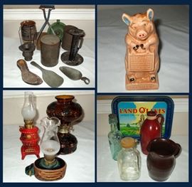 Primitive Metal Pieces Piggy Bank, Small Oil Lamps, Vintage Glass and Pottery 