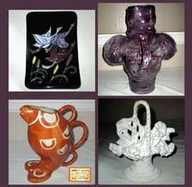 Colorful Ceramic Dish, Face Jug, Sigma Stoneware Safari Pitcher and Cast Iron Door Stop 