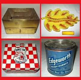 Vintage Cigarette Ends Box, California Pottery Bright Yellow Leaf Ashtray, Yankee Girl Tobacco Box and Edgeworth Tobacco Tin 