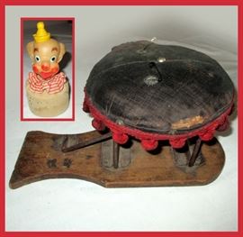 Unique Victorian Folding Pin Cushion and Old Clown Pin Cushion 