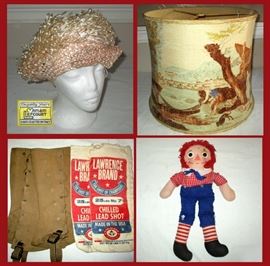 Vintage Hat, Painted Lamp Shade, Antique Spats, Old Shot Bags and Raggedy Andy 