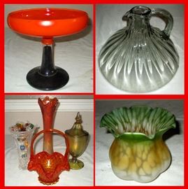 Cased Glass Compote, LARGE Blown Pitcher, Small Attractive Vase and Amberiana